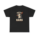 Anniston Rams Heavyweight T-Shirt in black with the Anniston Rams logo, a cartoon ram ballplayer holding a foundry rammer beside a smoking smokestack on the front
