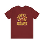 Medford Nuggets Premium Lightweight T-Shirt in cardinal with the Medford Nuggets logo, a gold prospector catching a baseball in his pan on the front