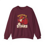 Phoenix Stars Crewneck Sweatshirt in maroon with the Phoenix Stars logo, a red phoenix bird holding a bat, ringed by stars on the front