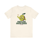 Portland Green Gages Premium Lightweight T-Shirt in natural with the Portland Green Gages logo, a cartoon green plum tossing a baseball on the front