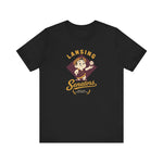 Lansing Senators Premium Lightweight T-Shirt in black with the laurel crowned boy tossing a baseball inside a maroon diamond on the front