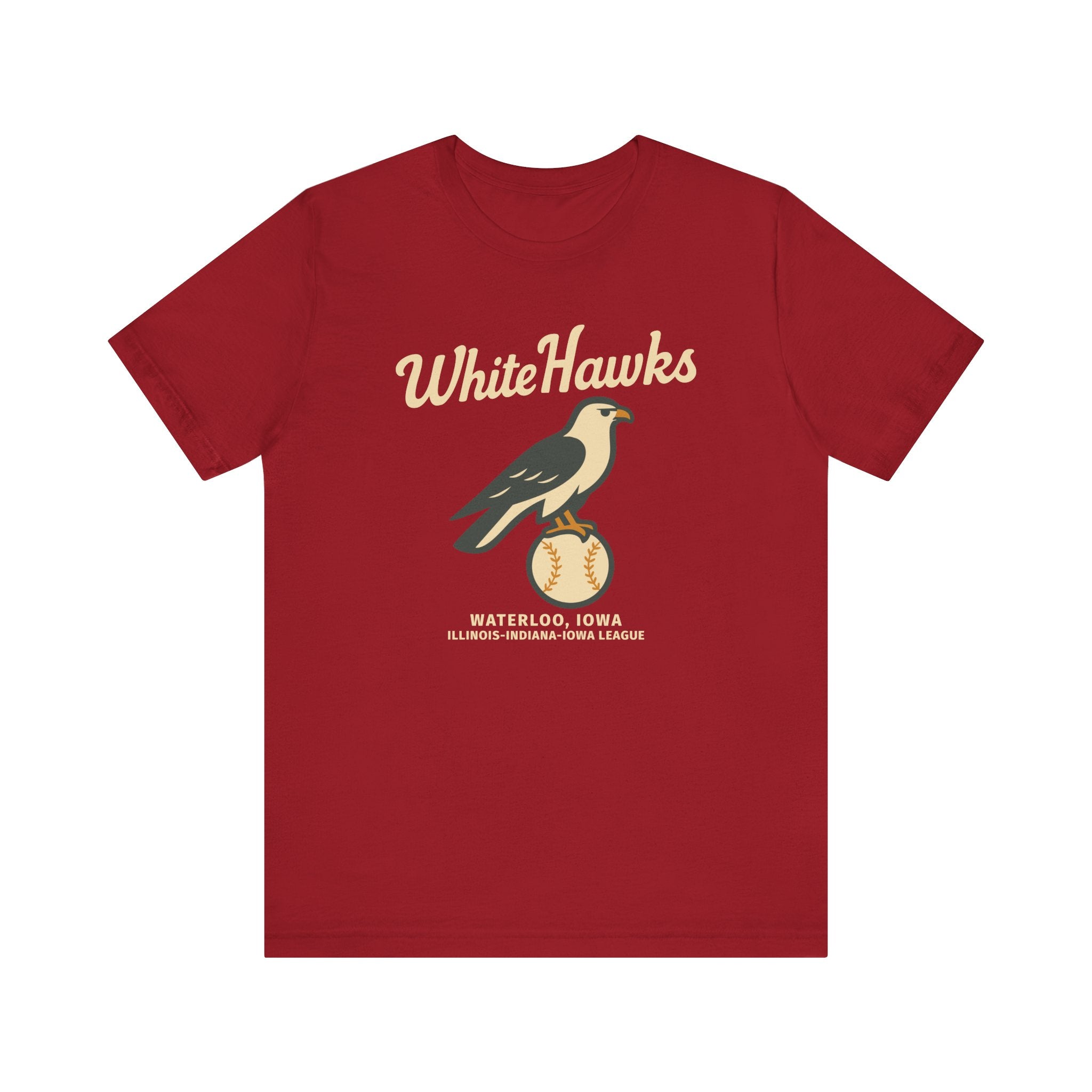 Red Waterloo White Hawks vintage baseball t-shirt with bird and baseball graphic, premium lightweight Bella Canvas 3001 tee.