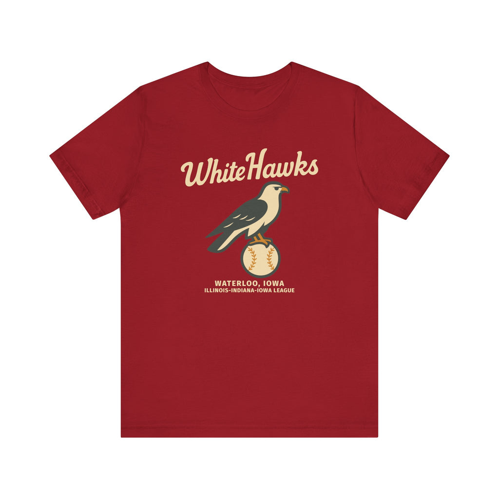 Red Waterloo White Hawks vintage baseball t-shirt with bird and baseball graphic, premium lightweight Bella Canvas 3001 tee.