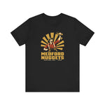 Medford Nuggets Premium Lightweight T-Shirt in black with the Medford Nuggets logo, a gold prospector catching a baseball in his pan on the front