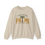 Fort Myers Palms Crewneck Sweatshirt in sand with the palm tree between bold gold block letters with a baseball on the front