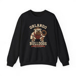Orlando Bulldogs Crewneck Sweatshirt in black with the crouching bulldog catcher in brown gear holding a mitt on the front