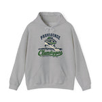 Providence Clamdiggers Hoodie in sport grey with the Providence Clamdiggers logo, a quahog clam character in a green cap raking a Narragansett Bay mudflat, with Clamdiggers in green script on the front