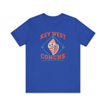 Key West Conchs Premium Lightweight T-Shirt in true royal with the grinning striped conch shell mascot inside a teal diamond outline on the front