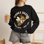Bisbee Bees Crewneck Sweatshirt in black with the Bisbee Bees logo, a cartoon bee in a ball cap catching a baseball on the front, worn by model