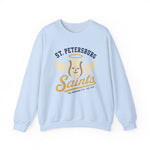 St. Petersburg Saints Crewneck Sweatshirt in light blue with the cream winged baseball emblem with a halo on the front