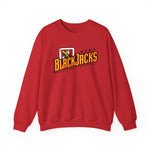 Reno BlackJacks Crewneck Sweatshirt in red with the Reno BlackJacks logo, a Jack of Spades holding a bat above slanted BlackJacks lettering on the front