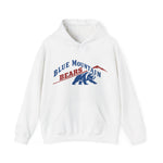 Blue Mountain Bears Hoodie in white with the Blue Mountain Bears logo, a snarling bear below a red mountain peak on the front