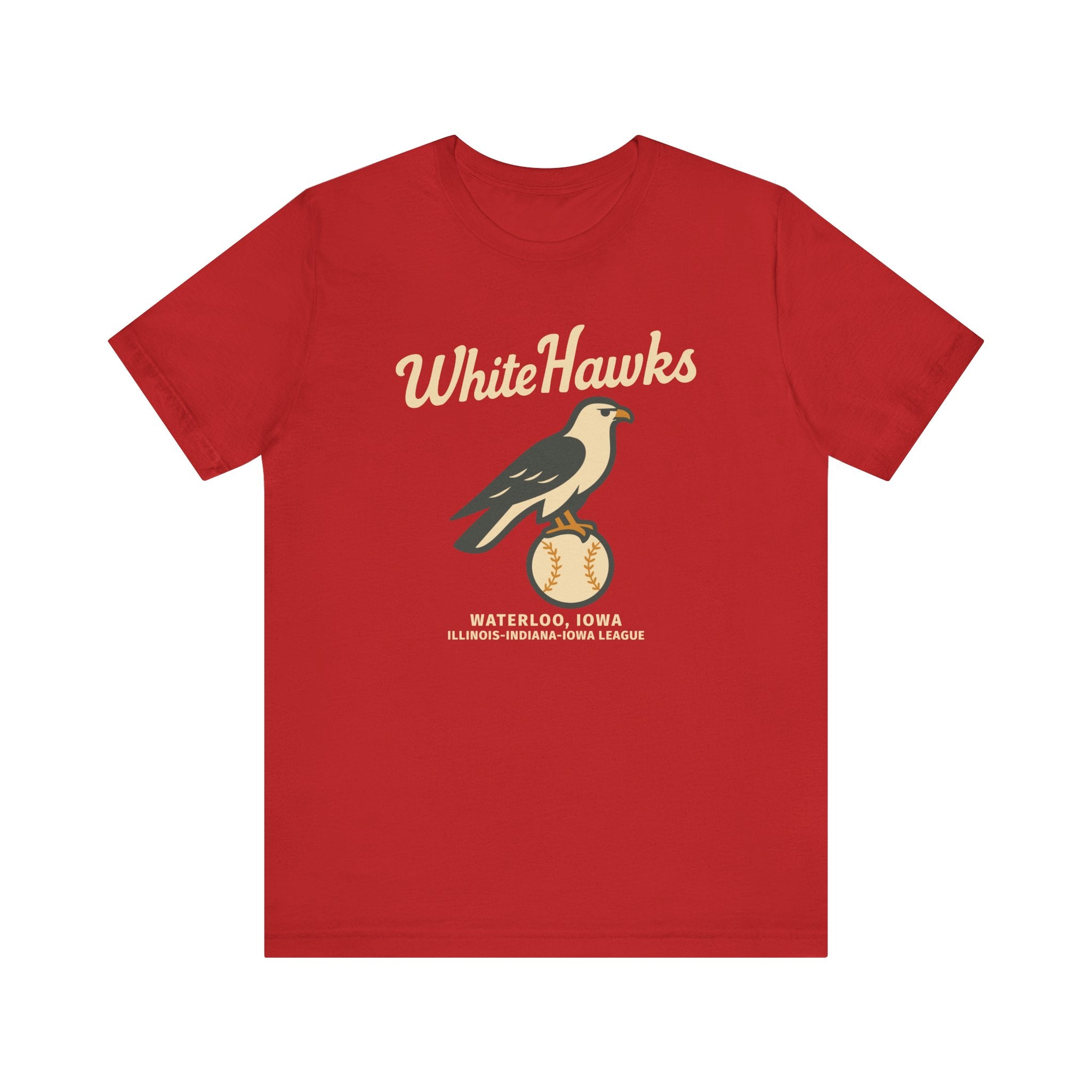 Red Waterloo White Hawks vintage baseball team t-shirt featuring a hawk on a baseball graphic