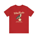 Red Waterloo White Hawks vintage baseball team t-shirt featuring a hawk on a baseball graphic