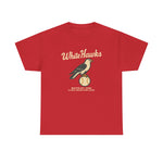Red heavyweight cotton t-shirt with vintage Waterloo White Hawks baseball team logo and text design.