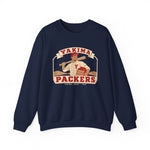 Yakima Packers Crewneck Sweatshirt in navy with the Yakima Packers logo, a ballplayer holding a bat and a crate of apples on the front
