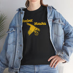 Bend Timber Hawks Heavyweight T-Shirt in black with the Bend Timber Hawks logo, a diving gold hawk clutching a baseball on the front, worn by model