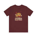 Savannah Electrics Premium Lightweight T-Shirt in maroon with the yellow cartoon trolley car mascot swinging a bat with sparks on the front