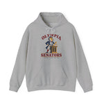 Olympia Senators Hoodie in sport grey with the Olympia Senators logo, a bearded senator in a frock coat at a podium with a bat on the front