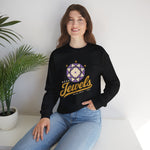 Mesa Jewels Crewneck Sweatshirt in black with the Mesa Jewels logo, a faceted purple gem with a baseball diamond above Jewels script on the front, worn by model