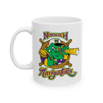 Norwich Navigators Baseball Mug with the green gator navigator logo peering through a bat spyglass inside a ship's wheel, left side view