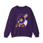 Merrillville Muddogs Crewneck Sweatshirt in purple with the Merrillville Muddogs logo, a snarling bulldog in a purple cap holding a bat on the front