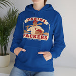 Yakima Packers Hoodie in royal with the Yakima Packers logo, a ballplayer holding a bat and a crate of apples on the front, worn by model