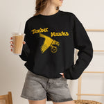Bend Timber Hawks Crewneck Sweatshirt in black with the Bend Timber Hawks logo, a diving gold hawk clutching a baseball on the front, worn by model