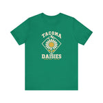 Tacoma Daisies Premium Lightweight T-Shirt in kelly with the Tacoma Daisies logo, a daisy inside a diamond with a mountain peak above on the front