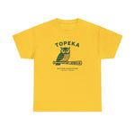 Yellow heavyweight cotton Topeka Owls vintage baseball team t-shirt with owl and bat graphic design