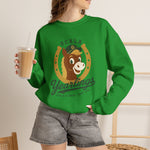 Ocala Yearlings Crewneck Sweatshirt in irish green with the horse head peeking through a gold horseshoe wearing a green cap on the front, worn by model