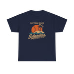 Daytona Beach Islanders Heavyweight T-Shirt in navy with the orange sunset behind a palm island with stitched baseball waves on the front