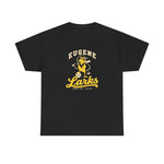 Eugene Larks Heavyweight T-Shirt in black with the Eugene Larks logo, a cartoon meadowlark with a bat and a baseball on the front