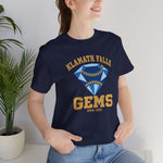 Klamath Falls Gems Premium Lightweight T-Shirt in navy with the Klamath Falls Gems logo, a blue diamond gem with baseball stitching on the front, worn by model