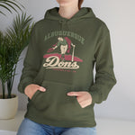 Albuquerque Dons Hoodie in military green with the Albuquerque Dons logo, a caped ballplayer bowing with his hat swept off in front of pink mountains, with Dons in cream script on the front, worn by model