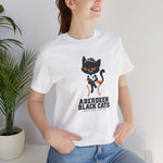 Aberdeen Black Cats Premium Lightweight T-Shirt in white with the Aberdeen Black Cats logo, a black cat in a green cap and jersey sitting on a baseball holding a bat on the front, worn by model