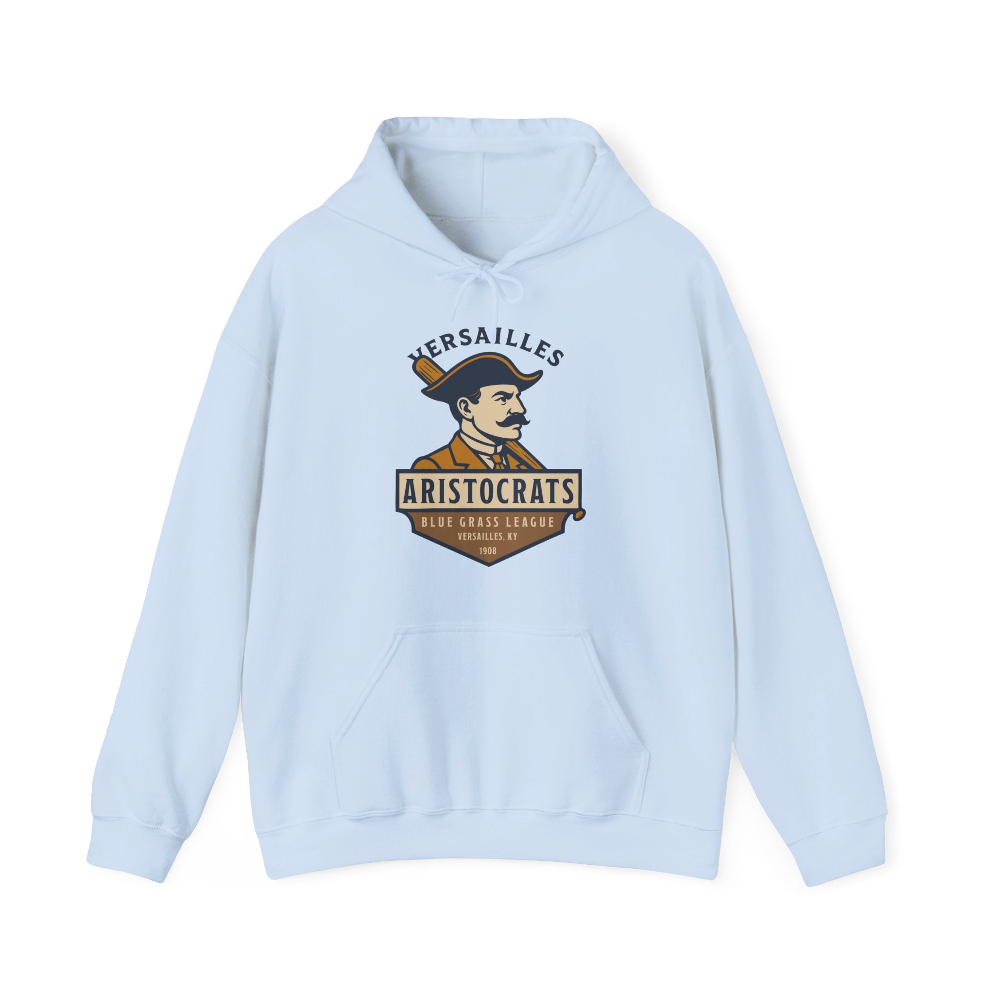 Light blue hoodie featuring the vintage Versailles Aristocrats baseball team logo from 1908 Kentucky league