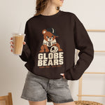 Globe Bears Crewneck Sweatshirt in dark chocolate with the Globe Bears logo, a scowling bear cub in a ball cap and glove on the front, worn by model