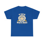 York White Roses Heavyweight T-Shirt in royal with the York White Roses logo, a cream and blue rose with a baseball at its center on the front