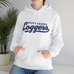 Grays Harbor Loggers Hoodie in white with the Grays Harbor Loggers logo, script lettering with a tail swash on the front, worn by model