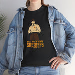 West Palm Beach Sheriffs Heavyweight T-Shirt in black with the cream cartoon sheriff holding two bats on the front, worn by model
