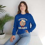 Bremerton Bluejackets Crewneck Sweatshirt in royal with the Bremerton Bluejackets logo, a smiling baseball in a sailor cap and red neckerchief on the front, worn by model