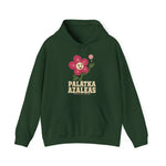 Palatka Azaleas Hoodie in forest green with the smiling pink flower mascot with two baseballs above it on the front