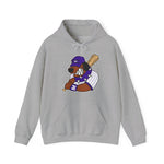Merrillville Muddogs Hoodie in sport grey with the Merrillville Muddogs logo, a snarling bulldog in a purple cap holding a bat on the front