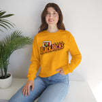 Reno BlackJacks Crewneck Sweatshirt in gold with the Reno BlackJacks logo, a Jack of Spades holding a bat above slanted BlackJacks lettering on the front, worn by model