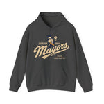 Jackson - Ionia Mayors Hoodie in dark heather with the top hatted mayor character in a navy suit tossing a baseball on the front