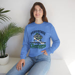 Providence Clamdiggers Crewneck Sweatshirt in carolina blue with the Providence Clamdiggers logo, a quahog clam character in a green cap raking a Narragansett Bay mudflat, with Clamdiggers in green script on the front, worn by model