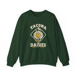 Tacoma Daisies Crewneck Sweatshirt in forest green with the Tacoma Daisies logo, a daisy inside a diamond with a mountain peak above on the front