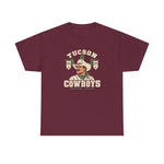 Tucson Cowboys Heavyweight T-Shirt in maroon with the Tucson Cowboys logo, a cowboy in front of a saguaro with 1941 and 1953 pennant banners on the front