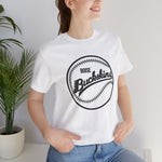 Boise Buckskins Premium Lightweight T-Shirt in white with the Boise Buckskins logo, script lettering across a stitched baseball on the front, worn by model